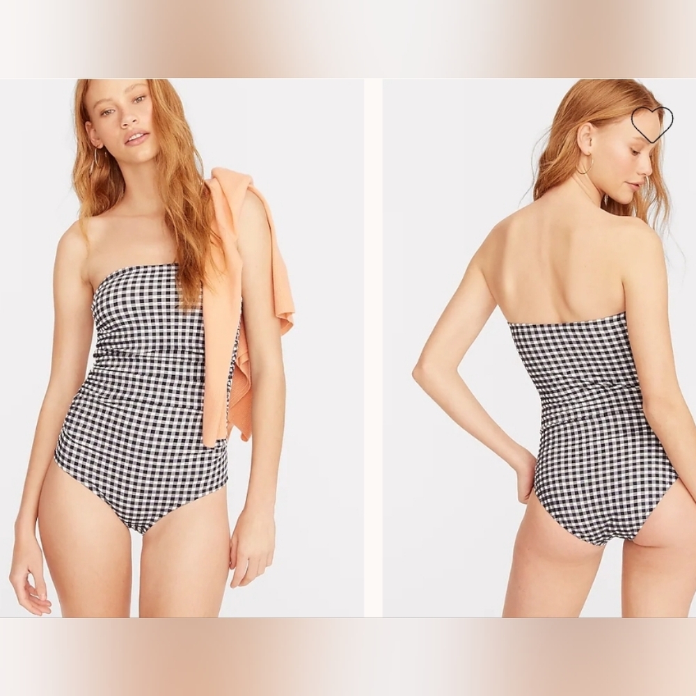 J. Crew Blue and White Ruched Bandeau One-Piece Gingham Bathing Suit Size 20